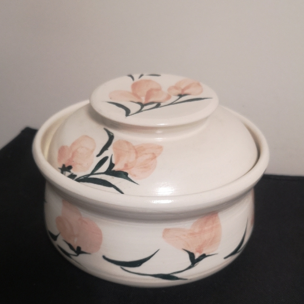 Lovely Studio Art Pottery Covered Bowl Peach & Black Florals Ceramic Art Piece